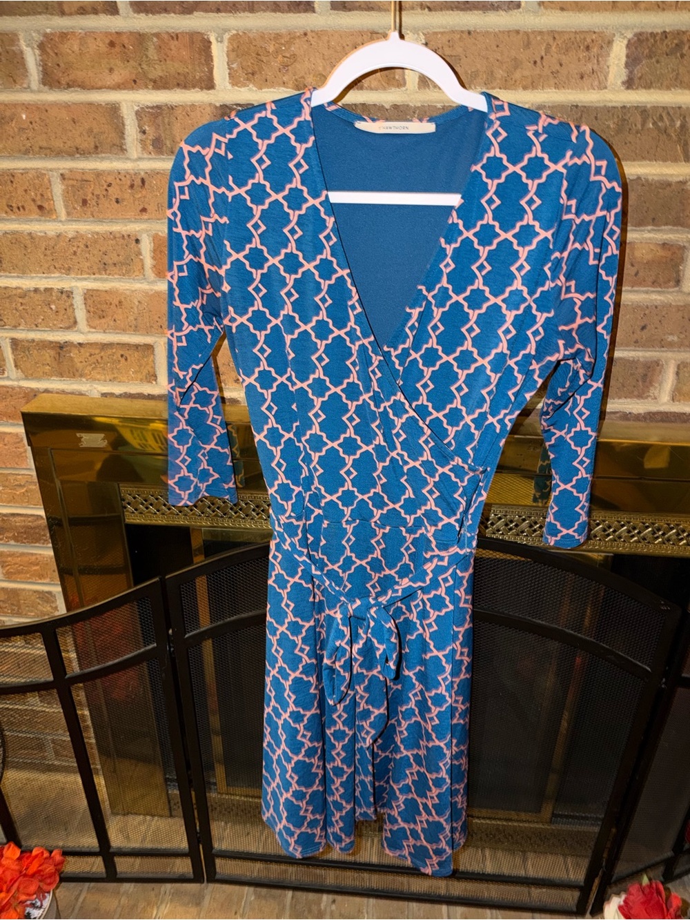 41 Hawthorn Blue and Pink Geometric Wrap Midi Dress
